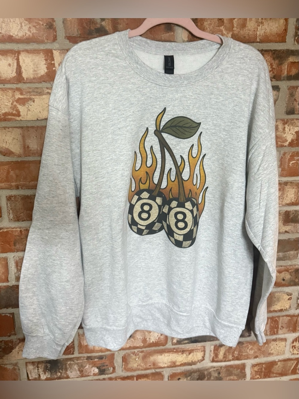 Gildan Light Gray Sweatshirt with Flaming Pool Ball Cherry Graphic